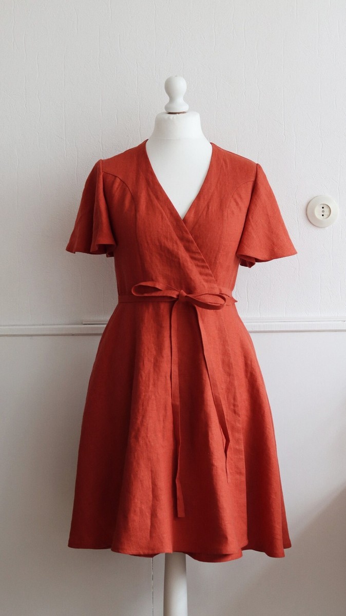 orange linen wrap dress Orange Linen Wrap Dress Handmade V-Neck Summer Midi Dress Teal / XL