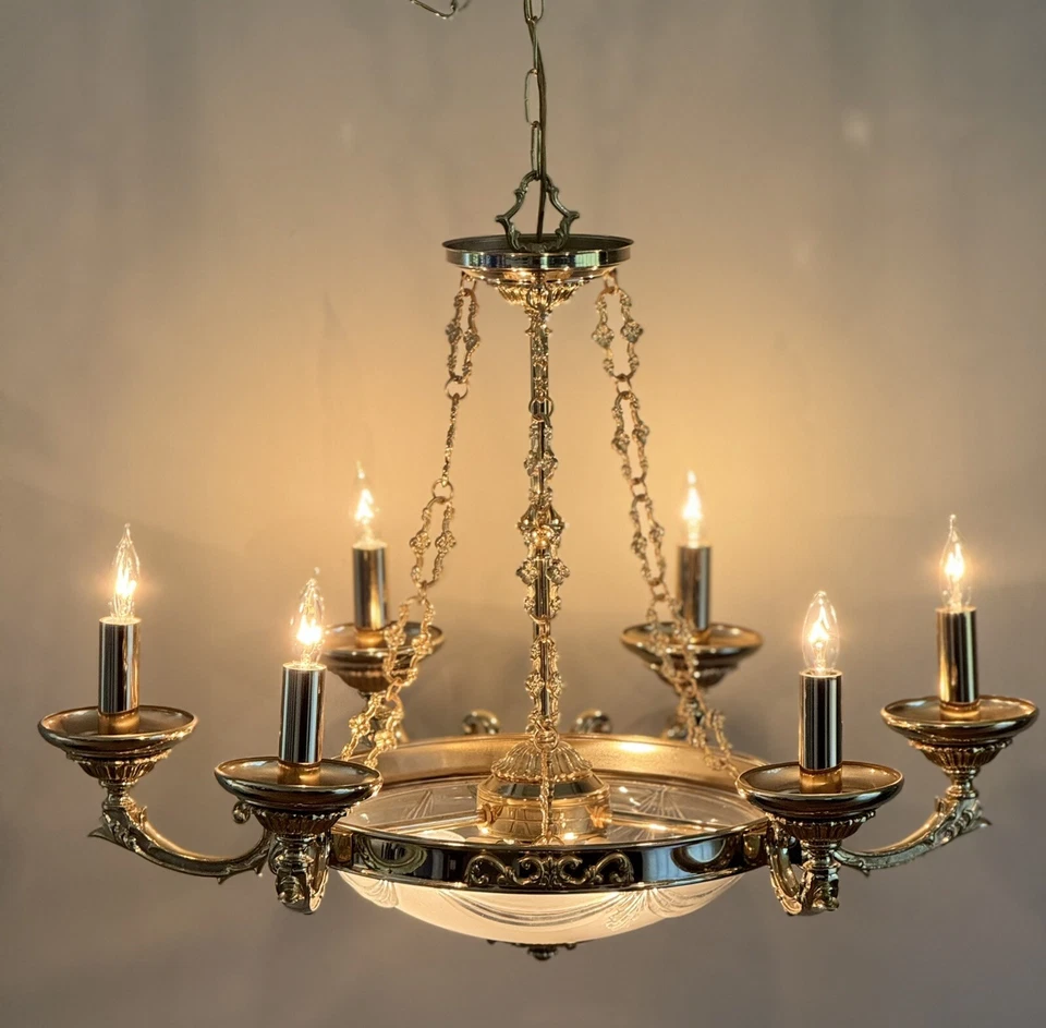 Vintage French Regency Brass Chandelier Frosted Bowl Ornate 9 Lights 2 Available - Image 3 of 4