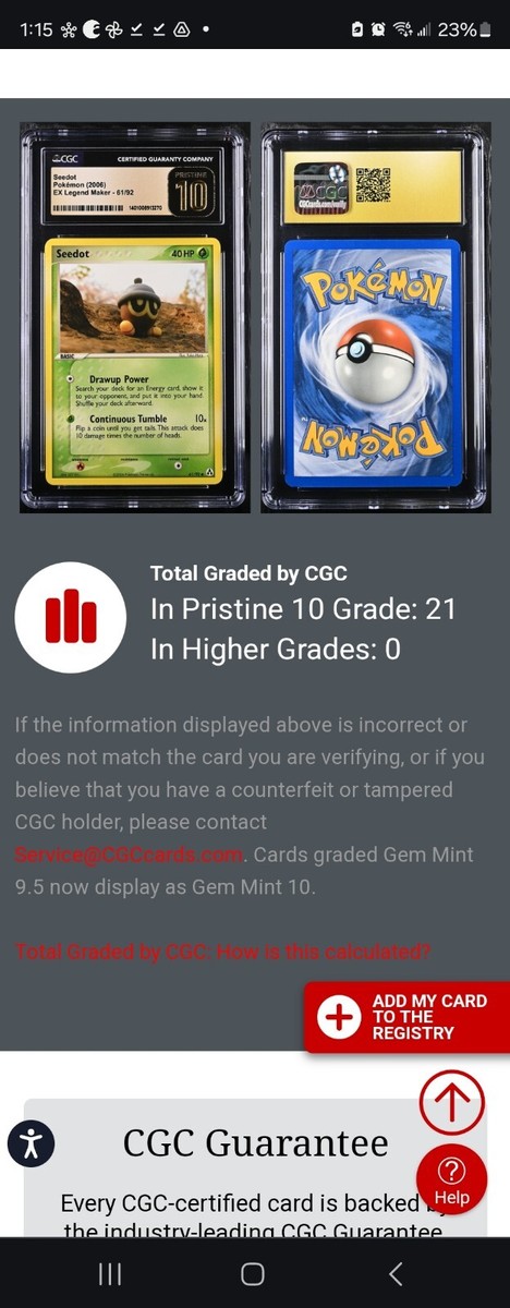 POP 21) CGC 10 PRISTINE Pokemon EX Legend Maker Seedot 61/92 2006