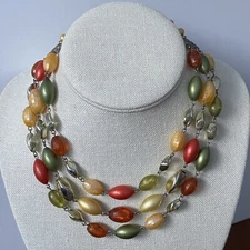 Vintage Emmons Necklace 3 Strand Choker Green Yellow Orange Beads Fall Pearl