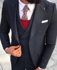 Designer Business Blue Black Checkered Suit Jacket Vest Trousers Fitted 44