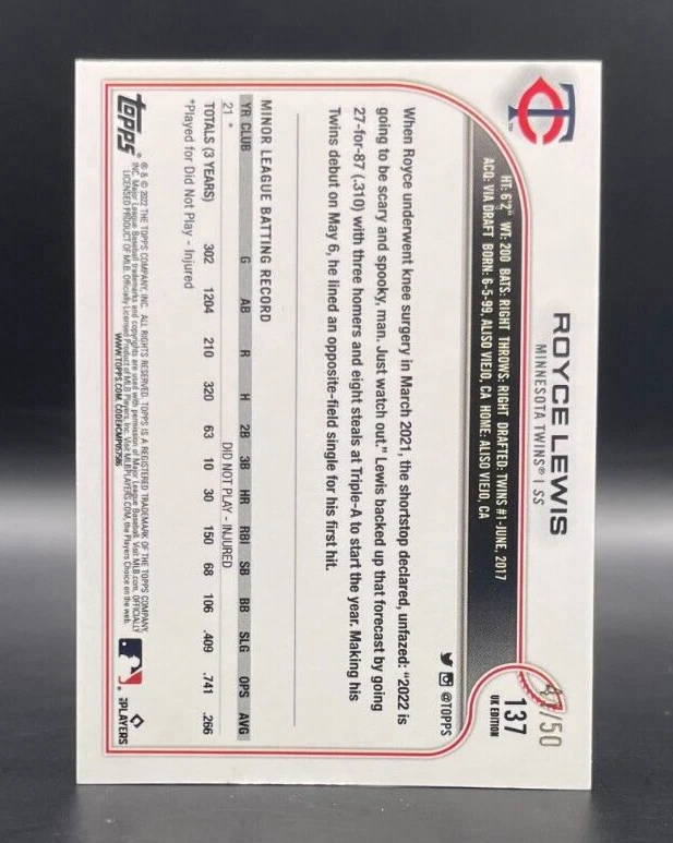 2022 Topps UK Edition Royce Lewis #137 Rookie Purple SP /50 Twins RC - Image 2 of 2