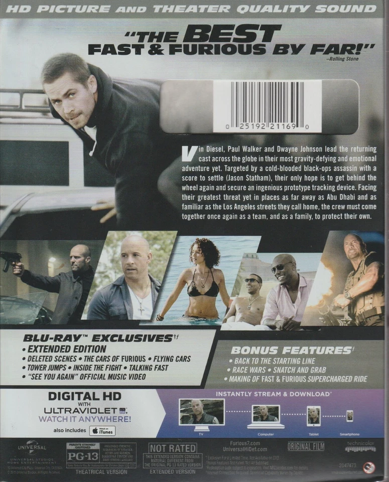Furious 7, Extended Edition - New Sealed in Plastic - Blu-Ray/DVD/DIGITAL HD - Image 2 of 2