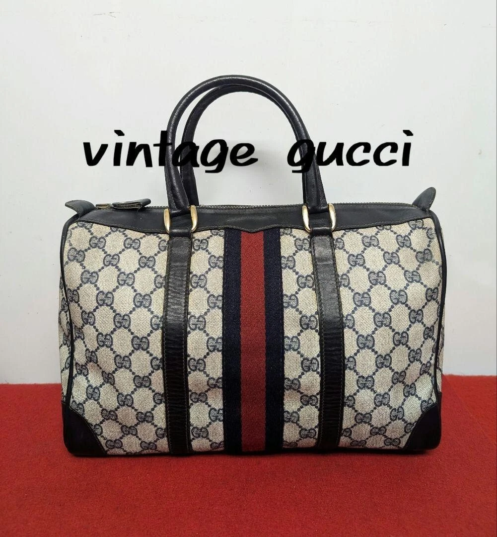 Gucci borsa vintage GG linea Sherry mini Boston borsa a mano pelle PVC blu navy usata