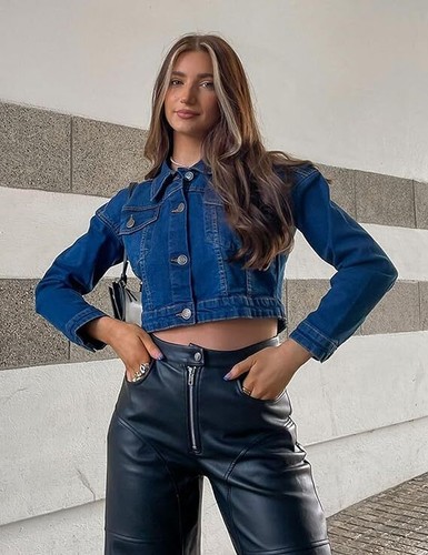 JMOJO Giacca Donna Denim Elasticizzata Donna Cropped Camionista Cappotto Western - Foto 6 di 14