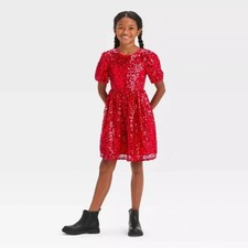 Girls' Short Puff Sleeve Sequin Dress - Cat  Jack Red L