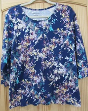 Rebecca Malone Shirt Womens Large Blue Floral Pullover Long Sleeve Stretch Top