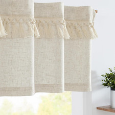 Boho Valance with Tassels Linen Kitchen Valance Curtain for Windows 16 Inch Beig