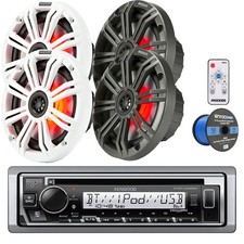 Kenwood KMR-D382BT Single DIN CD Marine Receiver, 4x 6.5" Speakers W/Grillles