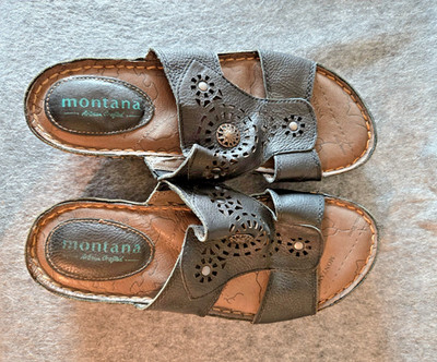 MONTANA Artisan Crafted Perforated Leather Slide Sandals / Size 8.5 Medium