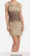 Adrianna Papell Gold Brown Sequin Beaded Sheath Dress Size 8 Scoop Neck