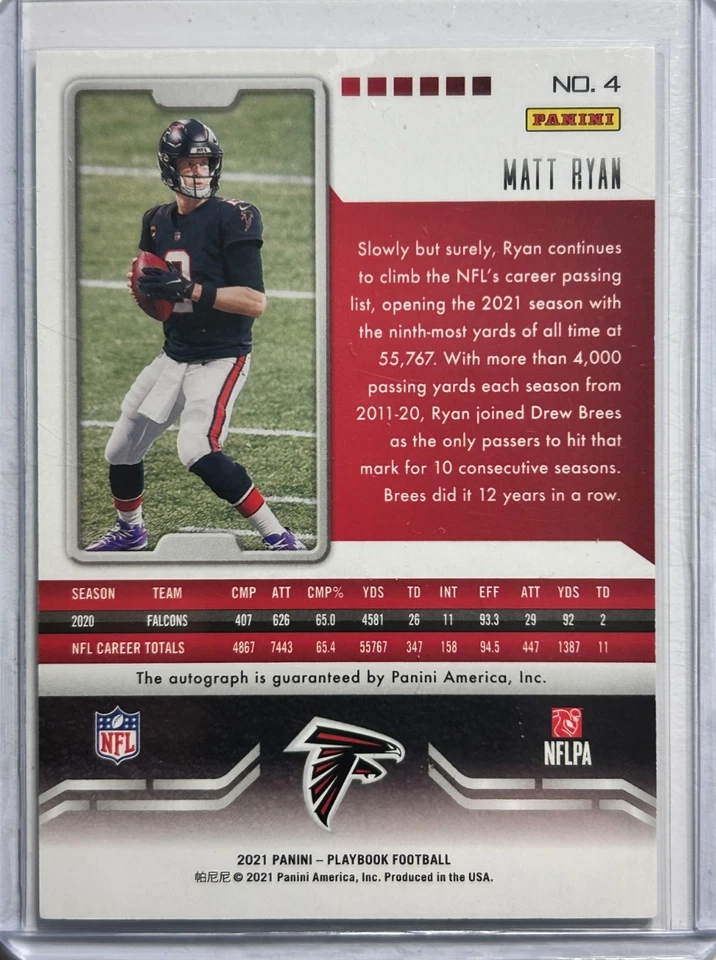 Matt Ryan AUTO #/25 Playbook Platinum Blue 2021 Panini Autograph Falcons HOF SP - Image 2 of 2