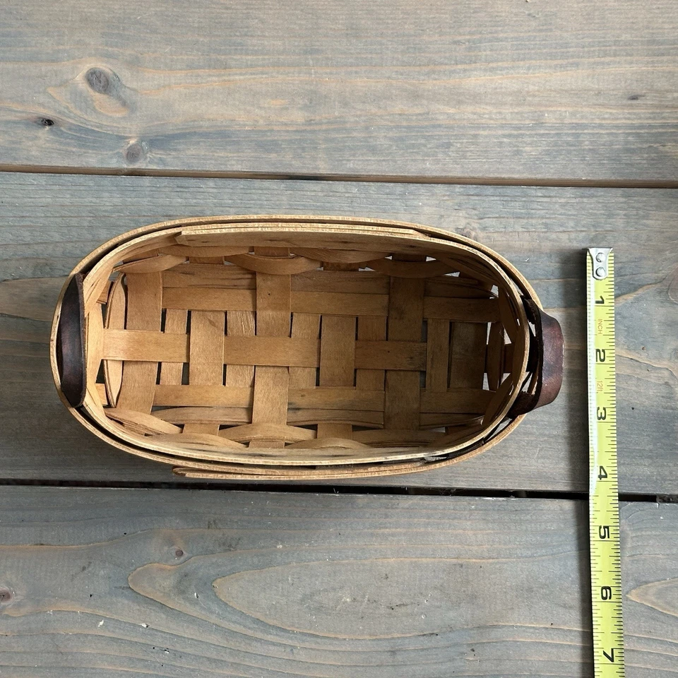 Винтажная чайная корзина Longaberger с кожаными ручками 8 x 3,5 дюйма чистая и подписанная 1998 - Изображение 4 из 4