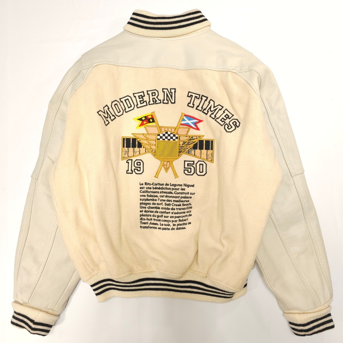 Modern Times Rare Wool Cowhide Leather White Pastel L Street Jump Stadium Jacket