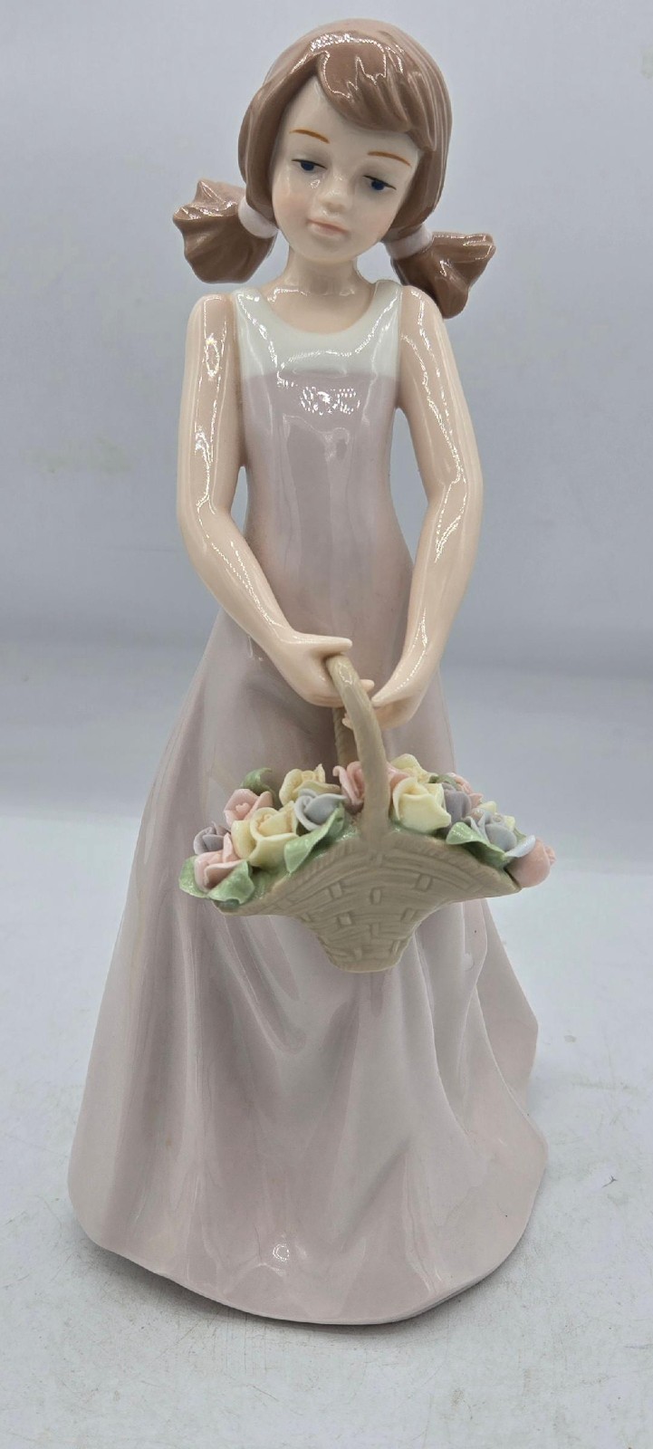 Porcelain Ceramic Figurine Brown Hair Girl w/ Flower Basket VTG- Pink Dress