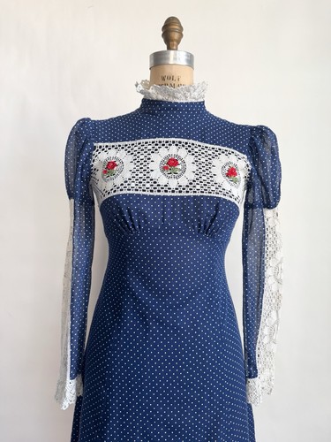 Vintage 1970s Gunne Style Prairie Maxie Dress Polka Dot Puff Sleeves Lace XS - Picture 2 of 9
