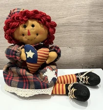 RARE! Patriot Raggedy Ann Folk Art Country Shelf Sitter Cloth Rag Doll 17” Tall