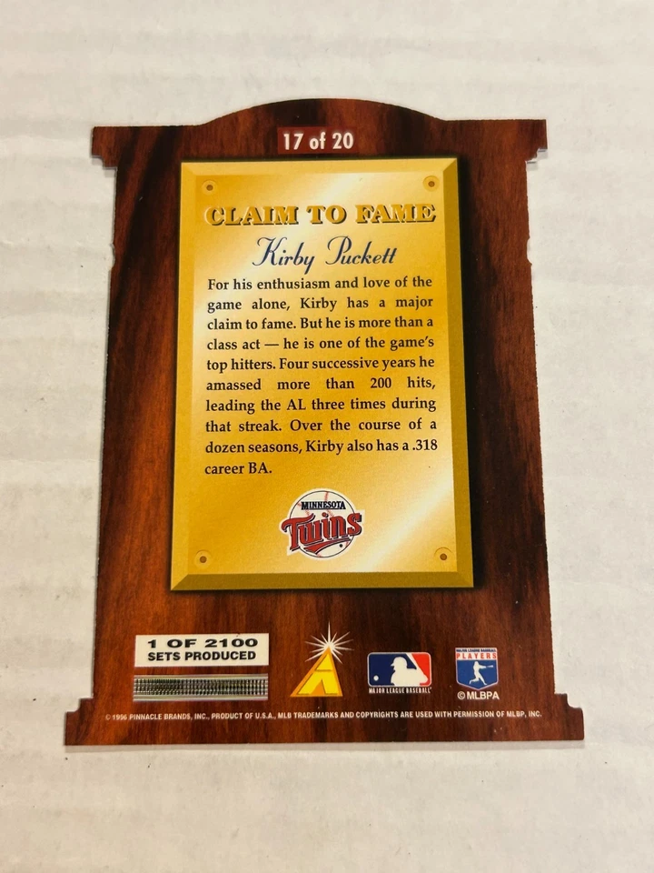 Pinnacle Select Kirby Puckett #17 1996 reclamo a la fama troquelado 1/2100 gemelos SP G3 Foto 2 de 2