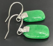 Jade drop earrings solid Sterling Silver green oblong, lucky, gift box.