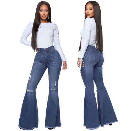 NEU Stilvolle gerissene lässige lange breite Beinjeans Patchwork Denim Hose Unterteil - Bild 12 von 17