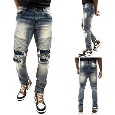 Victorious Men's Casual Desert Washed Distressed Biker Denim Jeans DL1398