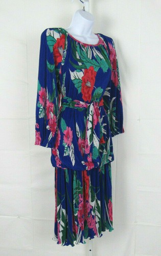 VTG 1980s LS COLLECTION FLORAL DRESS & BELT POLY BLEND ACCORDION FOLDS LINED - Picture 11 of 12
