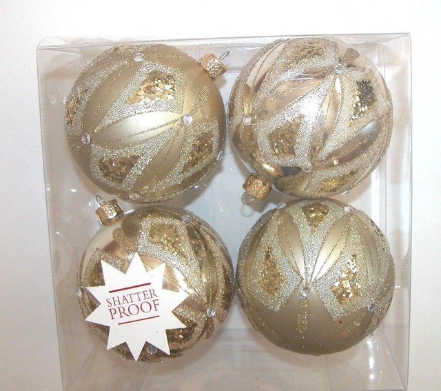 NEW NWT Christmas Ornament Round Shatterproof Gold Glitter Set 4 eBay