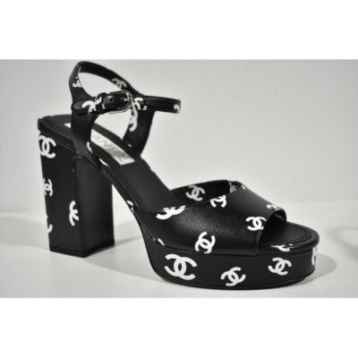 Chanel 22S Black White Lambskin CC Logo Platform Strap Block Heel
