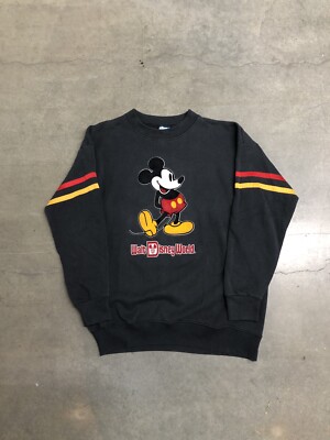 Disney VINTAGE / スウェット/M/コットン/BLK Vintage Walt Disney World Mickey Mouse Felt Print Stripe