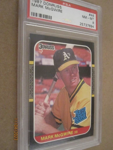 1987 DONRUSS BASEBALL CARD #46 OAKLAND A'S MARK MCGWIRE RATED ROOKIE PSA 8 NM-MT