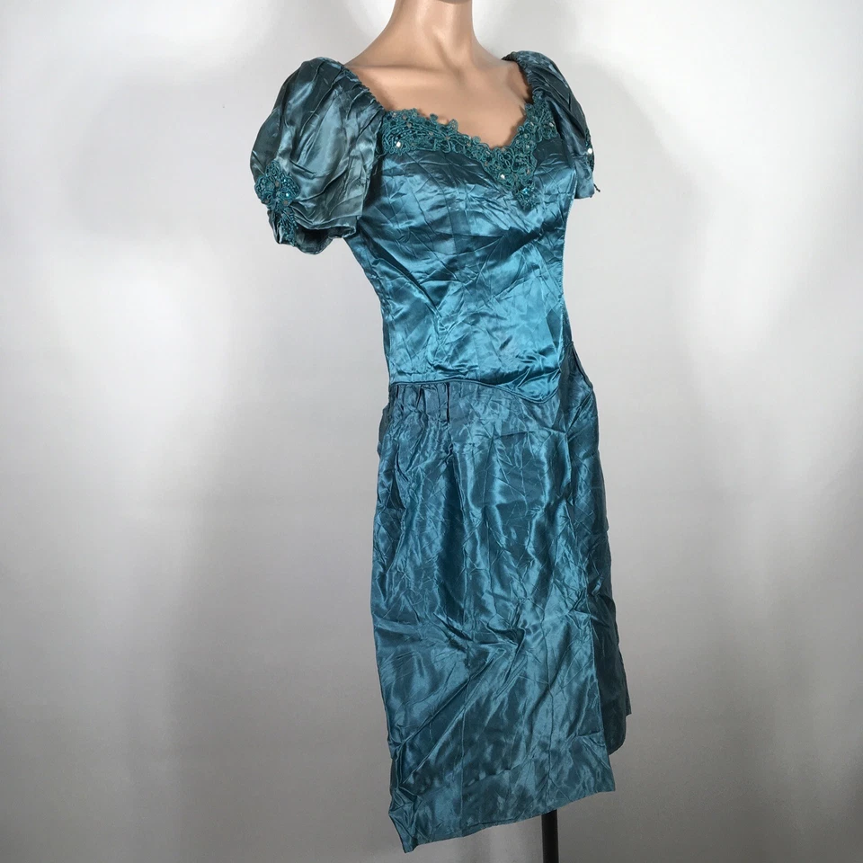 Vtg 80s Teal Lace Puffy Sleeve UNION MADE Evening Party Prom Dress Formal Satin - Image 4 of 4