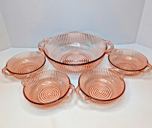 Anchor Hocking Queen Mary Pink Depression Glass Handled LG Bowl & 4 Berry Bowls