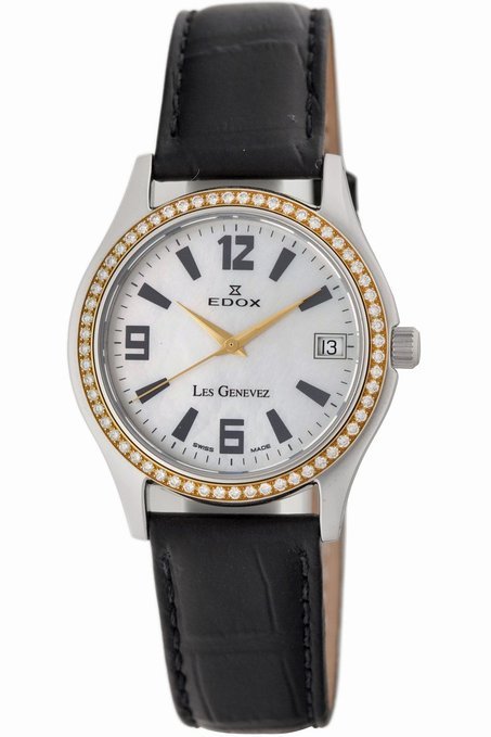 Edox Women's 70072 318TDC A Les Genevez DIAMOND Date Leather Band