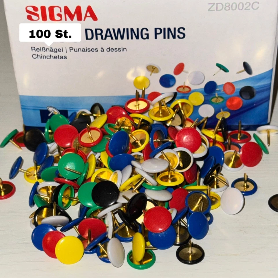 SIGMA Reißbrettstifte Heftzwecken Pinnwandnadeln bunt 100 Stück Pinnadel