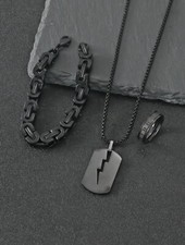 Fashionable Black Lightning Pendant Necklace Bracelet & Ring Men’s Jewellery set