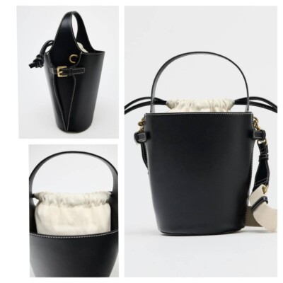Zara Drawstring Bucket Bag Black 6264/510/800 Metal Buckle