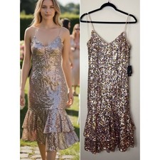 Adrianna Papell Dress 4 Pink Multi Sequin Tiered Ruffle Cocktail Wedding Guest
