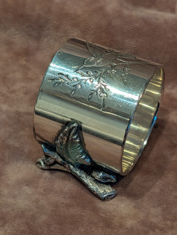 Victorian Silver Plated Footed Napkin Ring Hand Engraved Bird Resting On Nest 