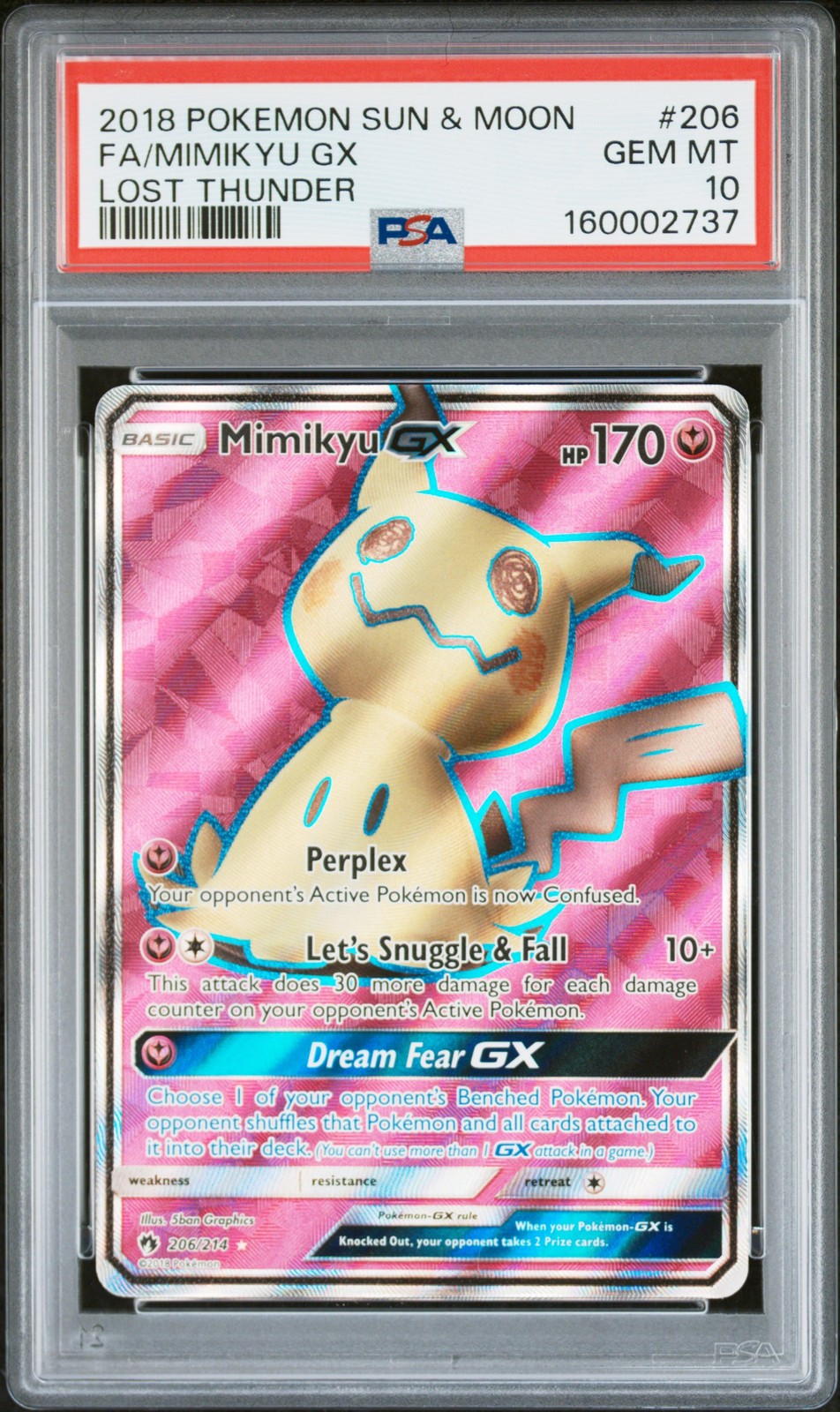 Mimikyu Gx 206/214 Lost Thunder Pokemon PSA 10