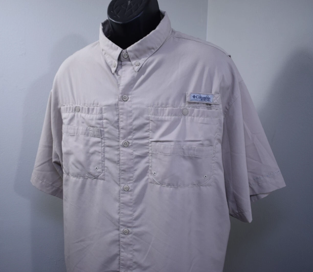 Columbia PFG Vented Fishing Shirt Beige Omni-Shade Short Sleeve Button Up Men XL