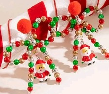 Large Beaded Christmas Bow Earrings With Dangling Santa. Stud ,teens adults