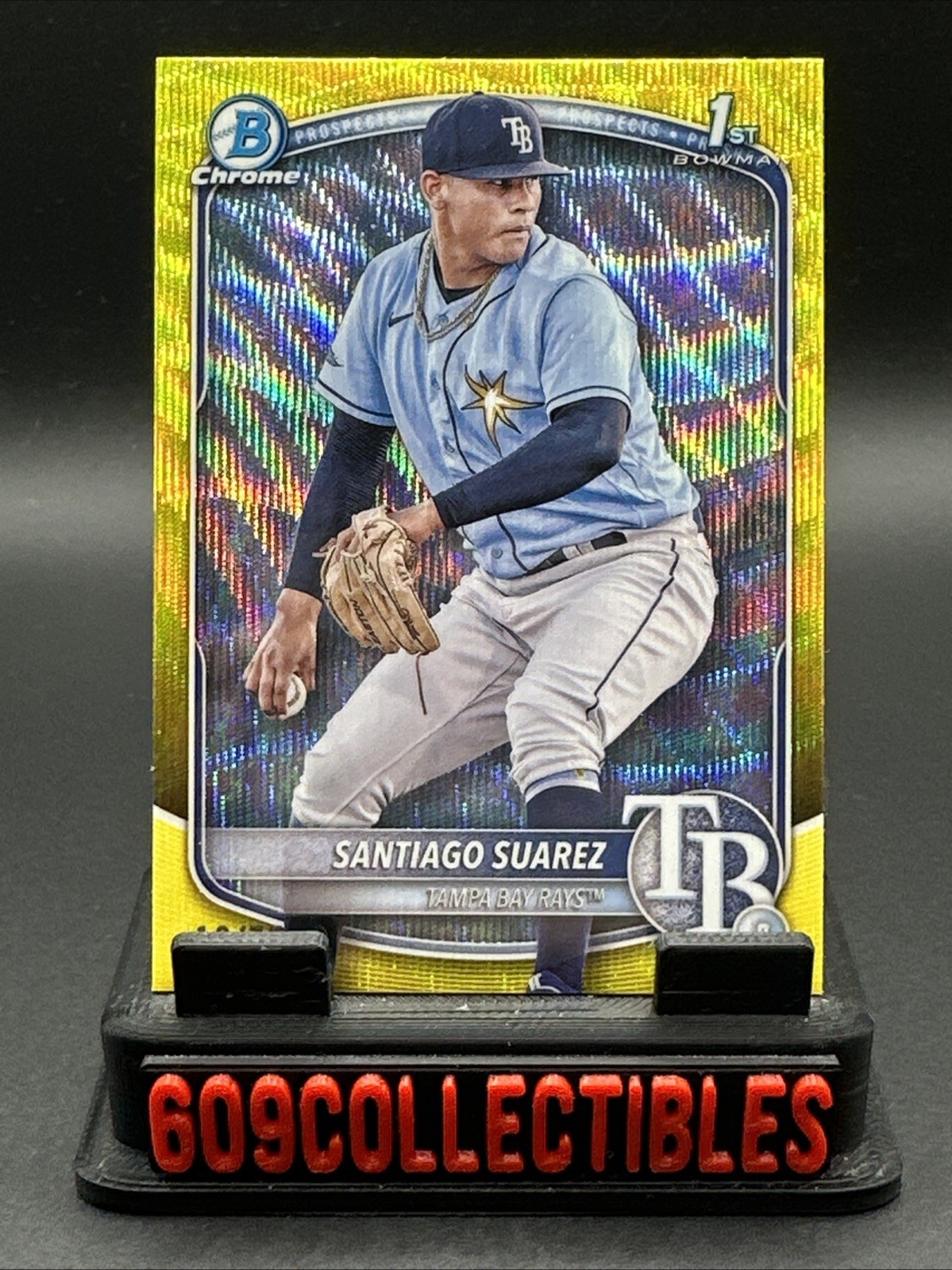 2025 Bowman Chrome Prospects Santiago Suarez BCP-142 Yellow Wave /75 B86 view 2