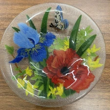 Peggy Karr Fused Art Glass Plate 8 1/4" Spring Poppy Iris Flowers Butterfly