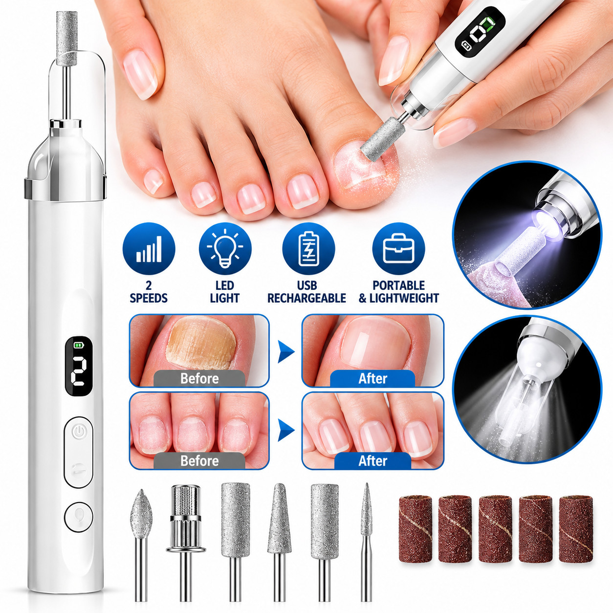 Electric Nail Grinder Thick Toenails Cordless Manicure Pedicure Drill File Kit