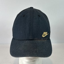 NIKE 1SIZE Baseball Cap Hat Strap Back Adult Black Gold Nike Swoosh Pin Spellout