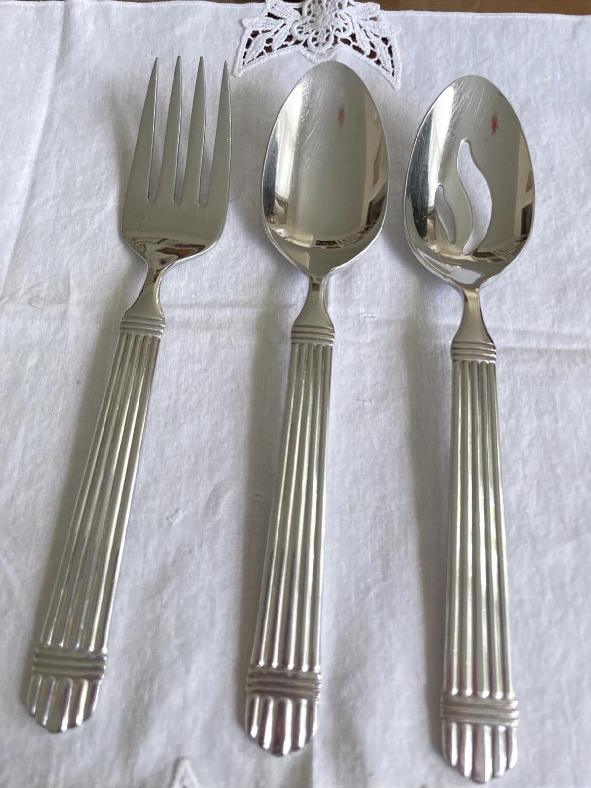Wallace Chardonnay Stainless Serving Spoons And Fork Ribbed Set Of 3
