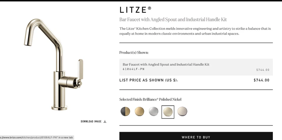 Brizo Litze 酒吧水龙头-抛光镍几乎二手- 61064LF-PN — 第 2/2 张图片