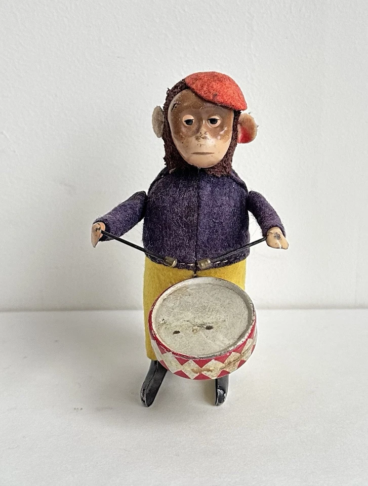 Ancien jouet mécanique automate tôle singe musicien tambour Shuco Germany 1930 - Photo 4/4