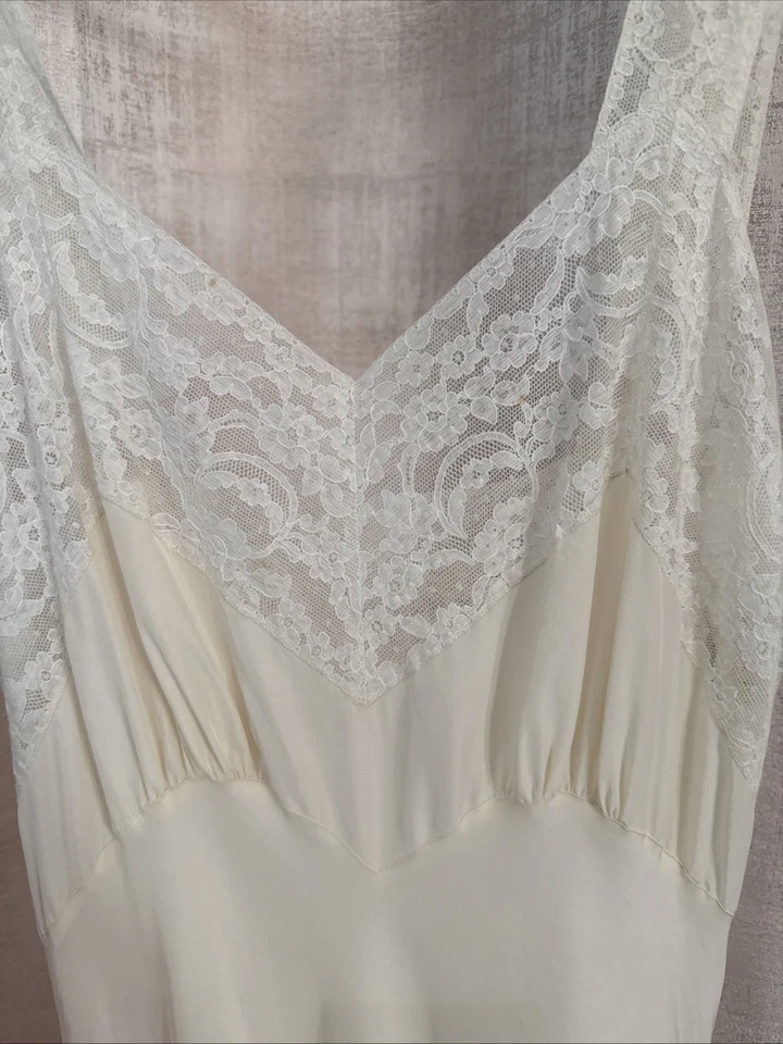 Fischer Heavenly Silk Vtg 40s Silk Slip Ivory Midi Slip French Seams lace - Image 2 of 4