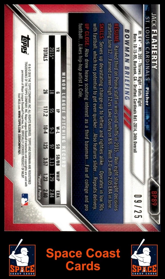 2016 Bowman #BP89 Jack Flaherty Prospects Orange #/25 - Image 2 of 2